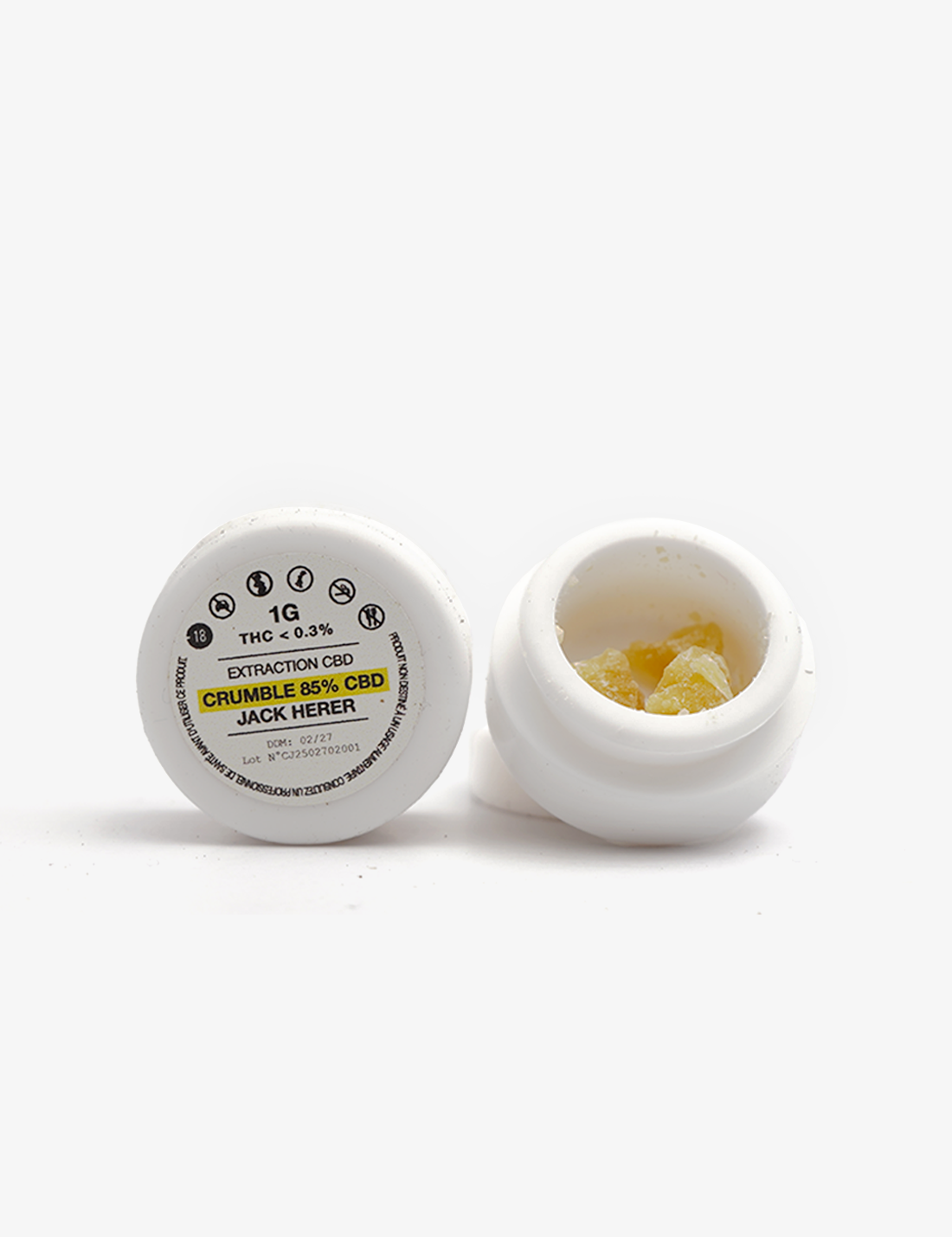 Une photo packshot du Crumble Jack Herer - 85% CBD sur un fond blanc