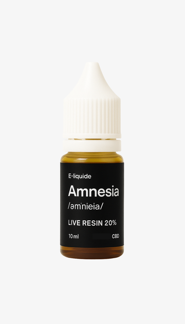 une photo packshot de E-liquide Amnesia 20% CBD ( vue de face) sur un fond blanc