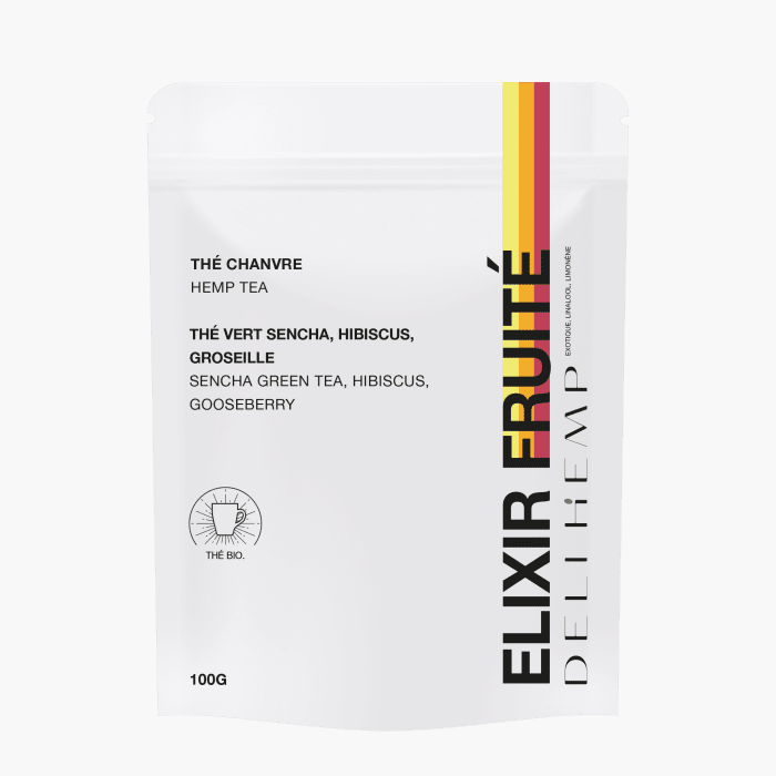 Een productfoto van de Fruitige Elixir – Hennepthee (vooraanzicht van de verpakking) op een witte achtergrond.